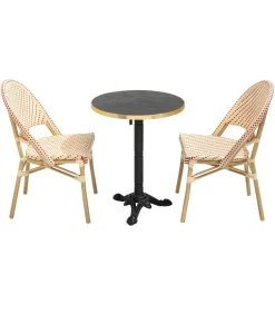 60 cm verstelbare zwartmarmeren terrastafel en 2 rode stoelen