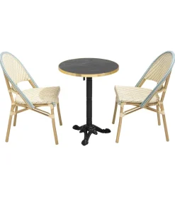 60 cm verstelbare zwartmarmeren terrastafel en 2 blauwe stoelen