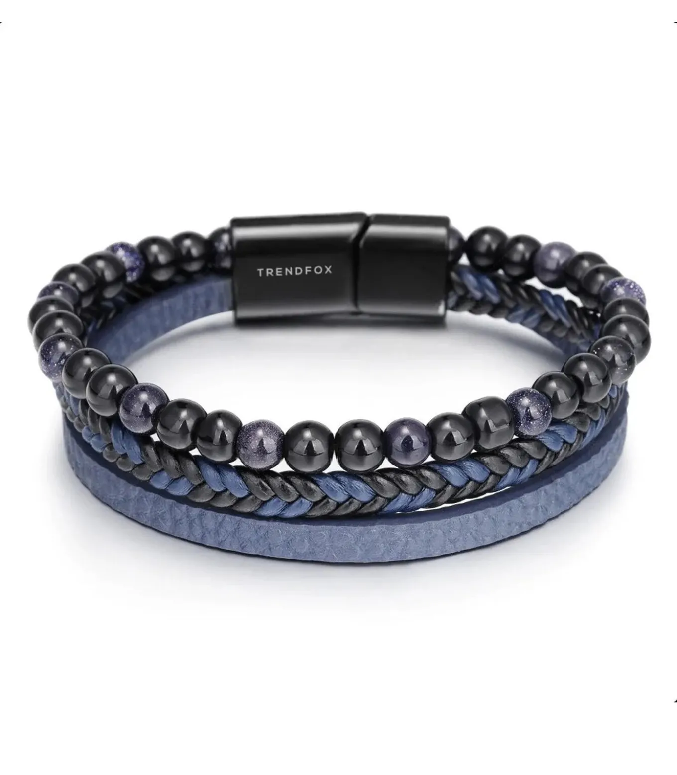 Armband Heren - Blauw Leer Met Zwarte Kralen