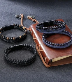 Armband Heren - Zwart Leer Met Bruine Kralen