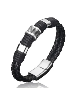 Armband Heren - Zwart Leer met Stalen Accenten
