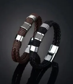 Armband Heren - Zwart Leer met Stalen Accenten