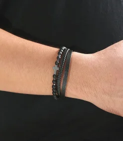 Armband Heren - Zwart Leer met Zwarte Kralen en Zilver Kleurig Kruis