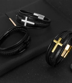 Armband Heren - Zwart Leer met Zilver Kleurig Kruis - 21cm