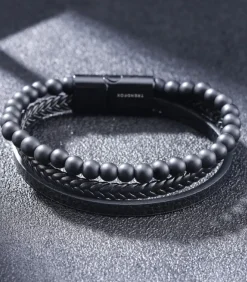 Armband Heren - Zwart Leer Met Zwarte Kralen