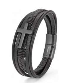 Armband Heren - Zwart Leer met Zwart Kruis - 23cm