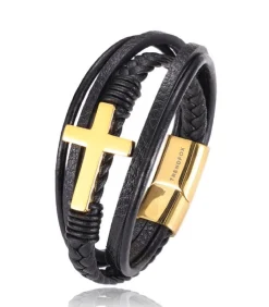 Armband Heren - Zwart Leer met Goud Kleurig Kruis - 21cm