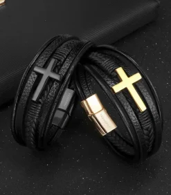 Armband Heren - Zwart Leer met Goud Kleurig Kruis - 21cm