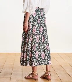 Bedrukte lange rok met elastiek in de taille in donkergroen