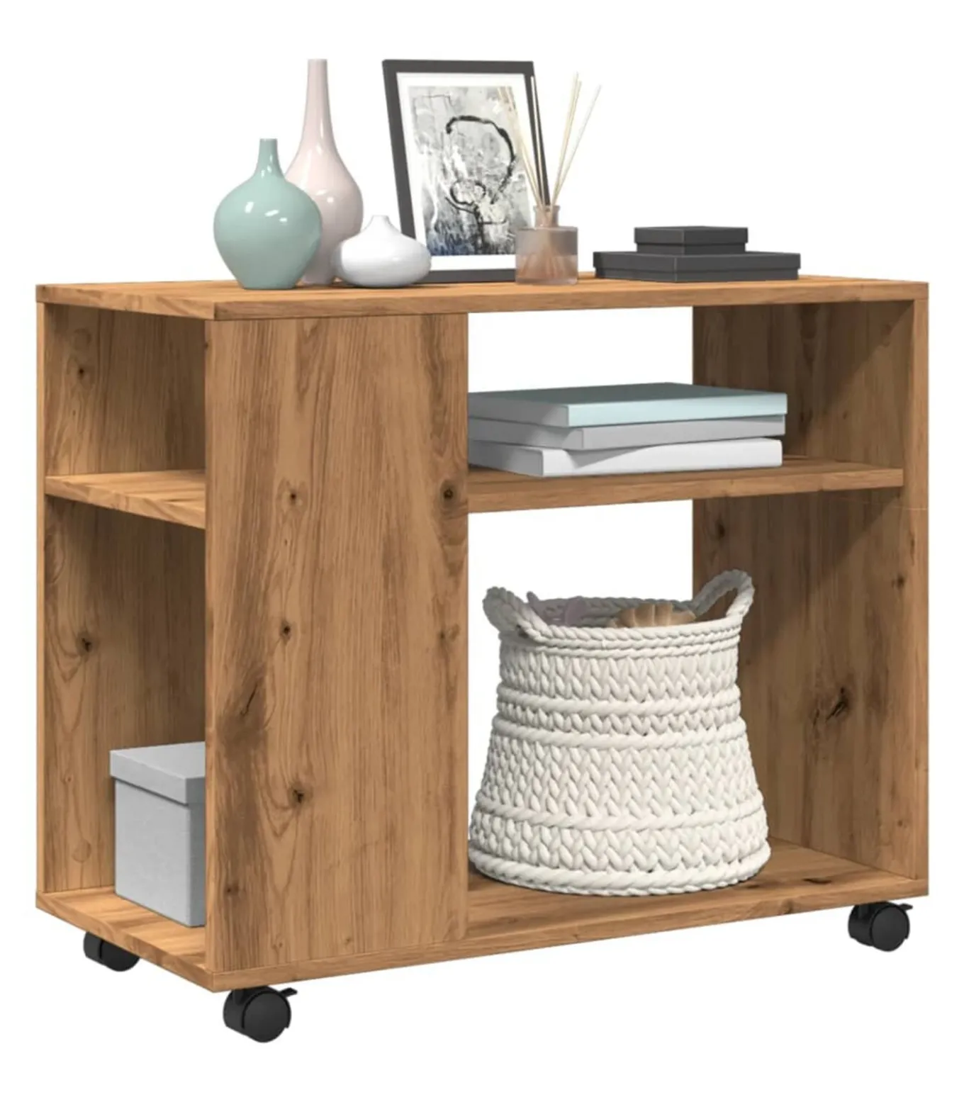 Bijzettafel met wieltjes 70x35x60 cm hout artisanaal eikenkleur