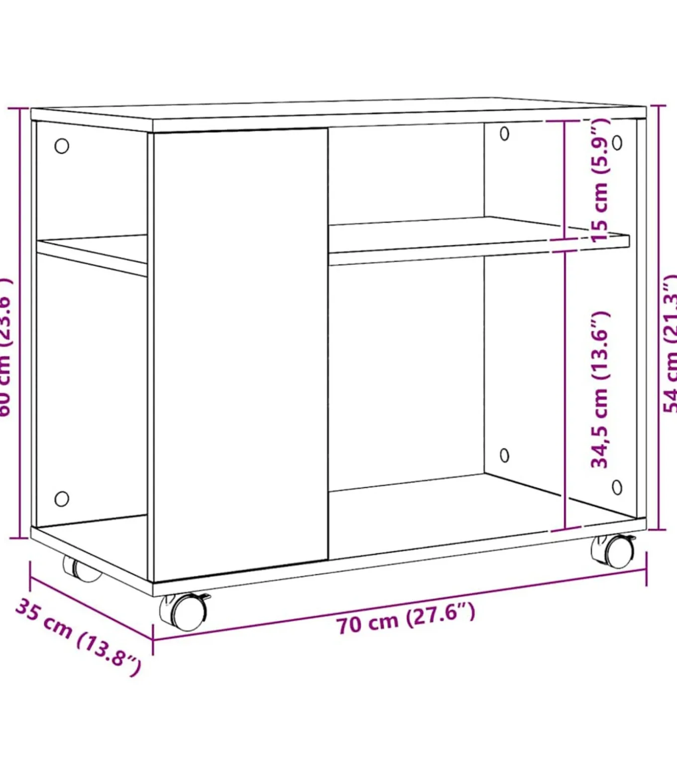Bijzettafel met wieltjes 70x35x60 cm hout artisanaal eikenkleur