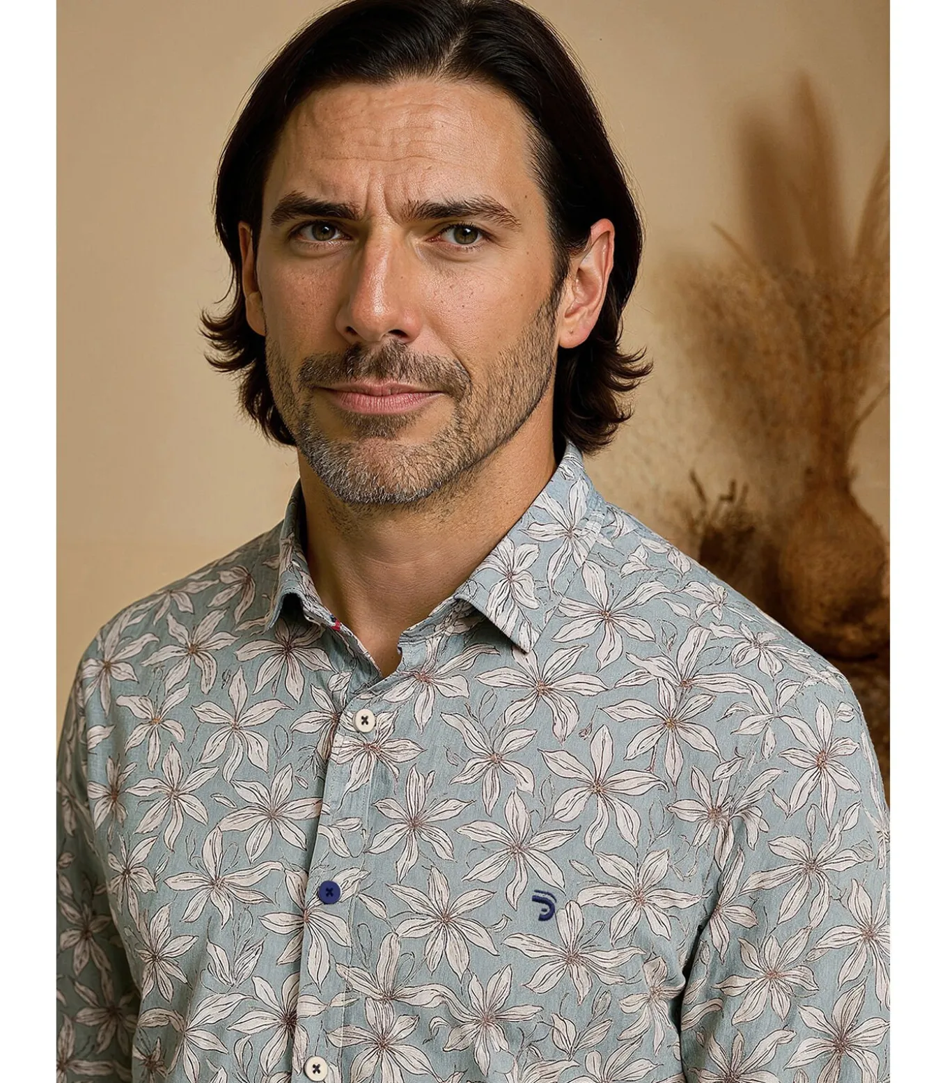 Blauw herenoverhemd met witte bloemen