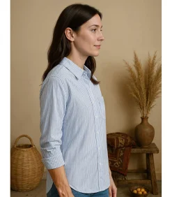 Blauw-wit gevoerde damesblouse