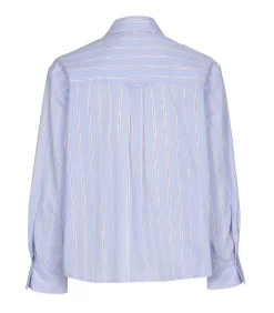 Bloes katoen licht blauw met fijne bordeaux streep