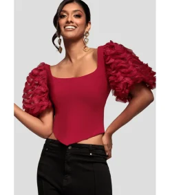 Blouse Met Korte Mouwen “3D Textured Sleeve Scuba Corset Top”