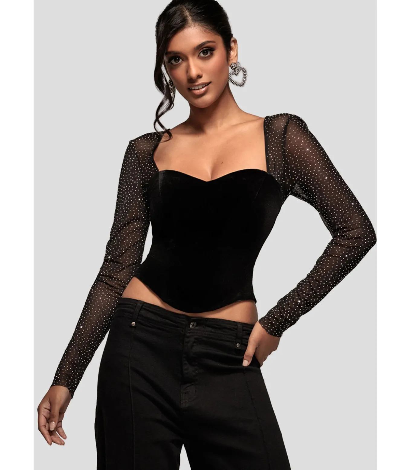 Blouse Met Lange Mouwen “Diamante Long Sleeve Velvet Dipped Hem Top”