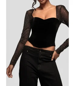 Blouse Met Lange Mouwen “Diamante Long Sleeve Velvet Dipped Hem Top”