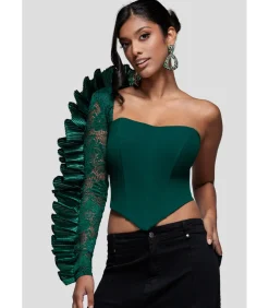 Blouse Met Lange Mouwen “One Shoulder Fan Pleat Frill Corset Top”