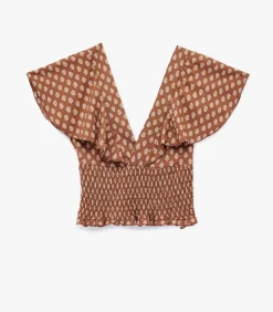 Bruine Korte Top Met V-Hals En Batwing Mouwen