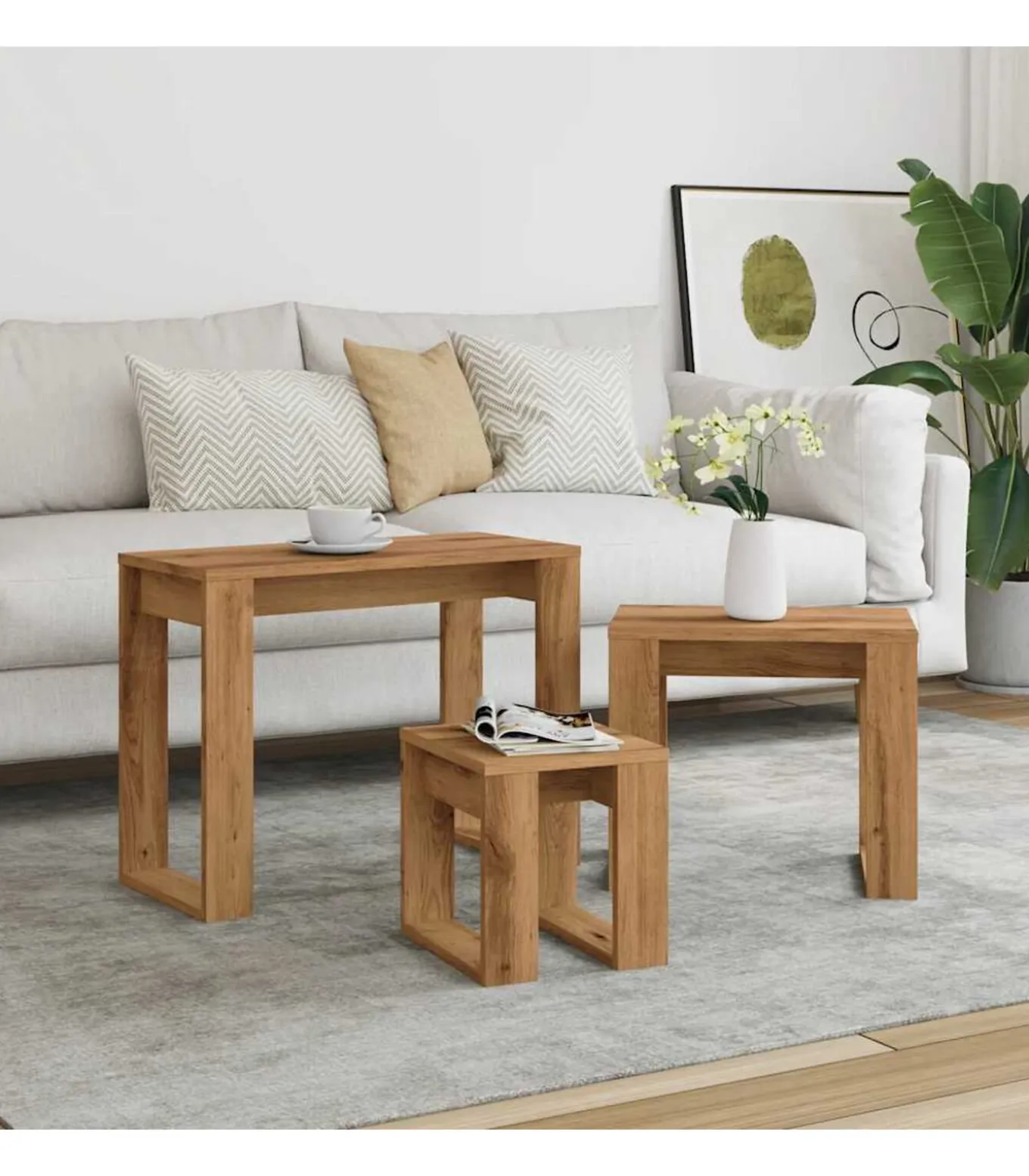 3-delige Bijzettafelset bewerkt hout artisanaal eikenkleur