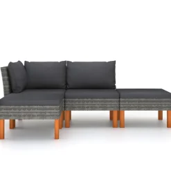 4-delige Loungeset met kussens poly rattan grijs