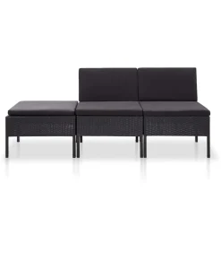 3-delige Loungeset met kussens poly rattan zwart
