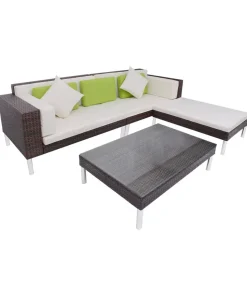 4-delige Loungeset met kussens poly rattan bruin
