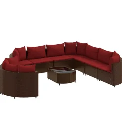 10-delige Loungeset met kussens poly rattan bruin