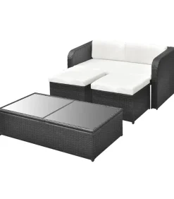 4-delige Loungeset met kussens poly rattan zwart