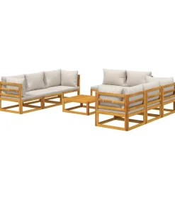 9-delige Loungeset met lichtgrijze kussens massief hout