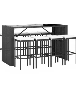 9-delige Tuinbarset met kussens poly rattan zwart