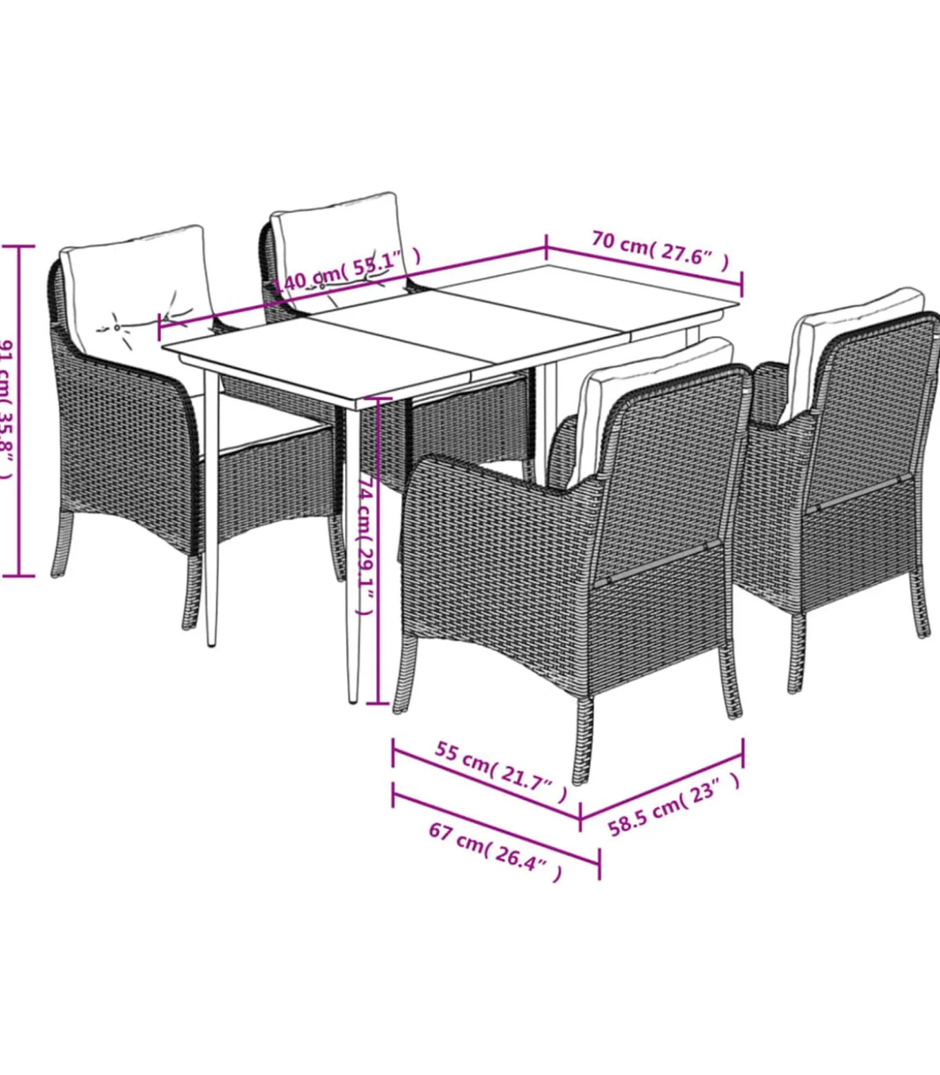 5-delige Tuinset met kussens poly rattan zwart