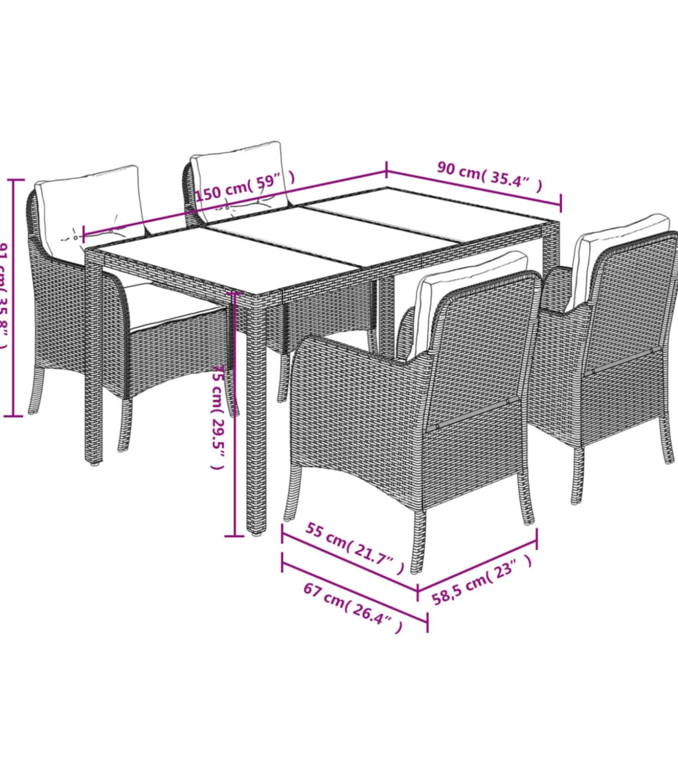 5-delige Tuinset met kussens poly rattan zwart