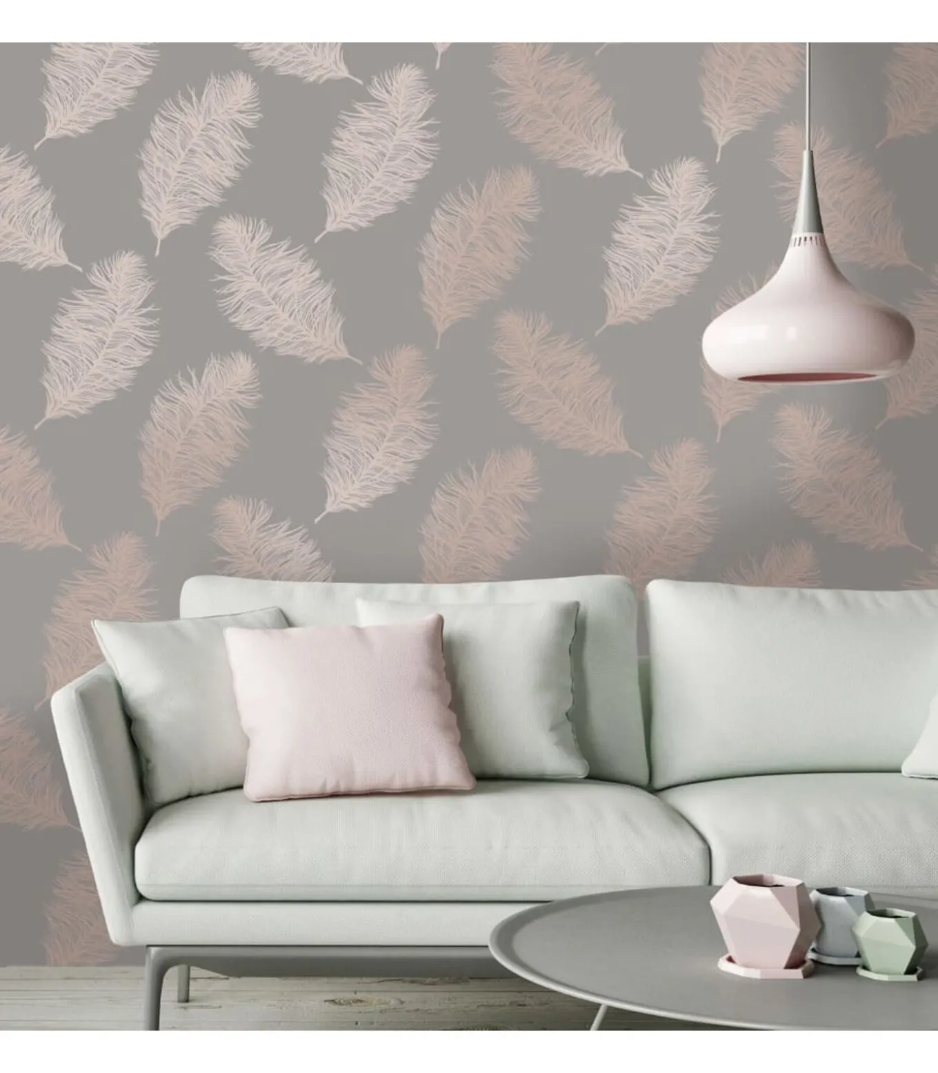DUTCH WALLCOVERINGS Behang Fawning Feather grijs en roségoudkleurig