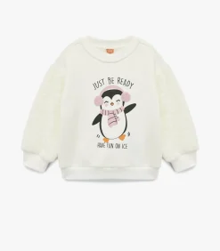 Ecru Meisjes Baby Sweatshirt met Pinguïnprint Lange Mouwen