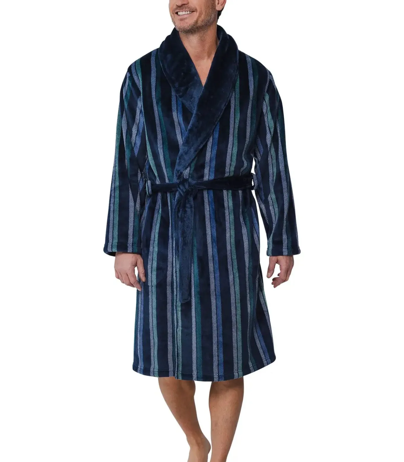 Fleece heren badjas - Blauw - Warme winter ochtendjas met ceintuur en sjaalkraag