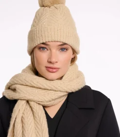 Gebreide muts met pompon Licht beige OS