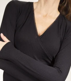 Geribd wikkeltruitje voor dames Zwart