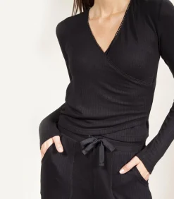 Geribd wikkeltruitje voor dames Zwart