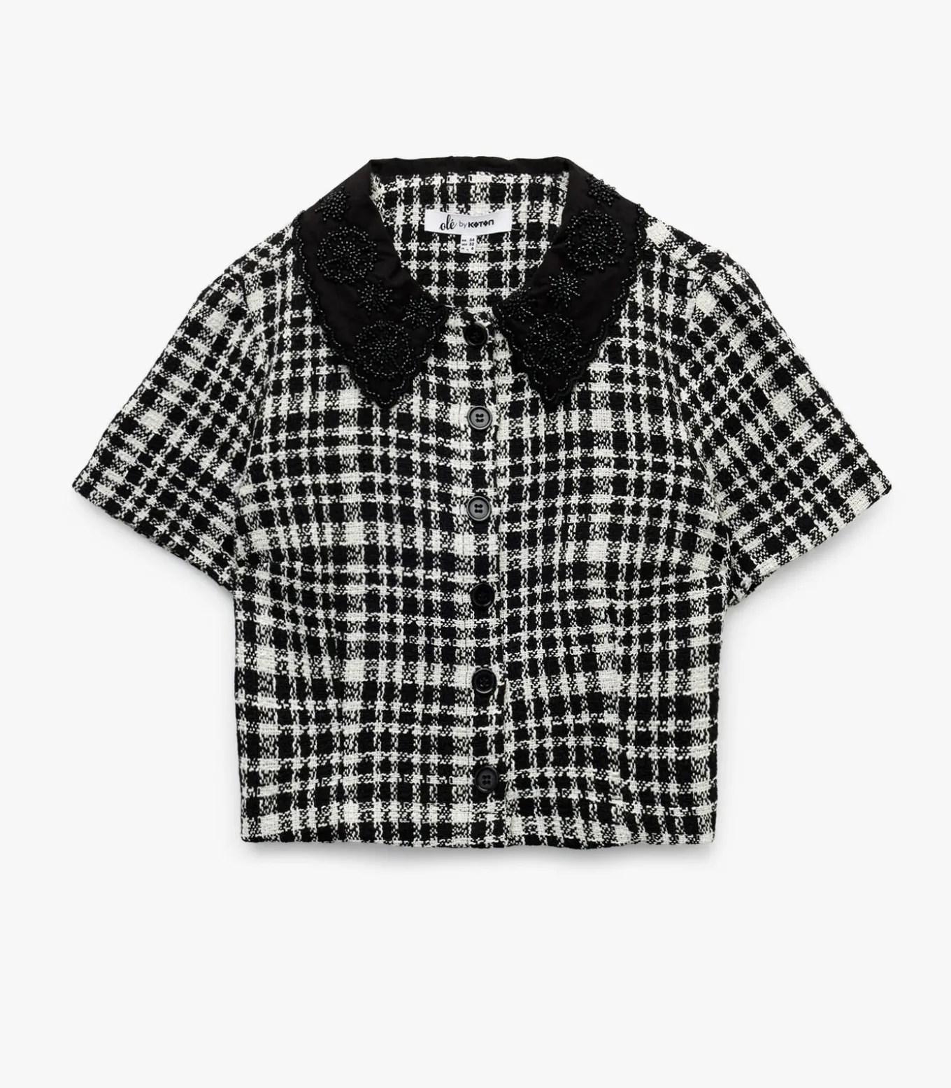 Geruit Crop Blouse Korte Mouwen met Bebe Kraag