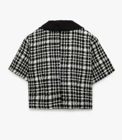 Geruit Crop Blouse Korte Mouwen met Bebe Kraag