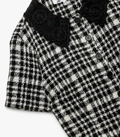 Geruit Crop Blouse Korte Mouwen met Bebe Kraag