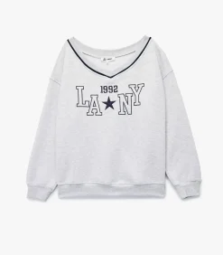 Grijze Oversized Sweatshirt V-hals Lange Mouwen