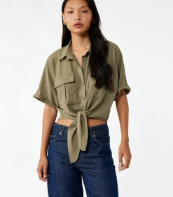 Groene Korte Mouwen Blouse met Binddetail