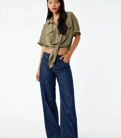 Groene Korte Mouwen Blouse met Binddetail