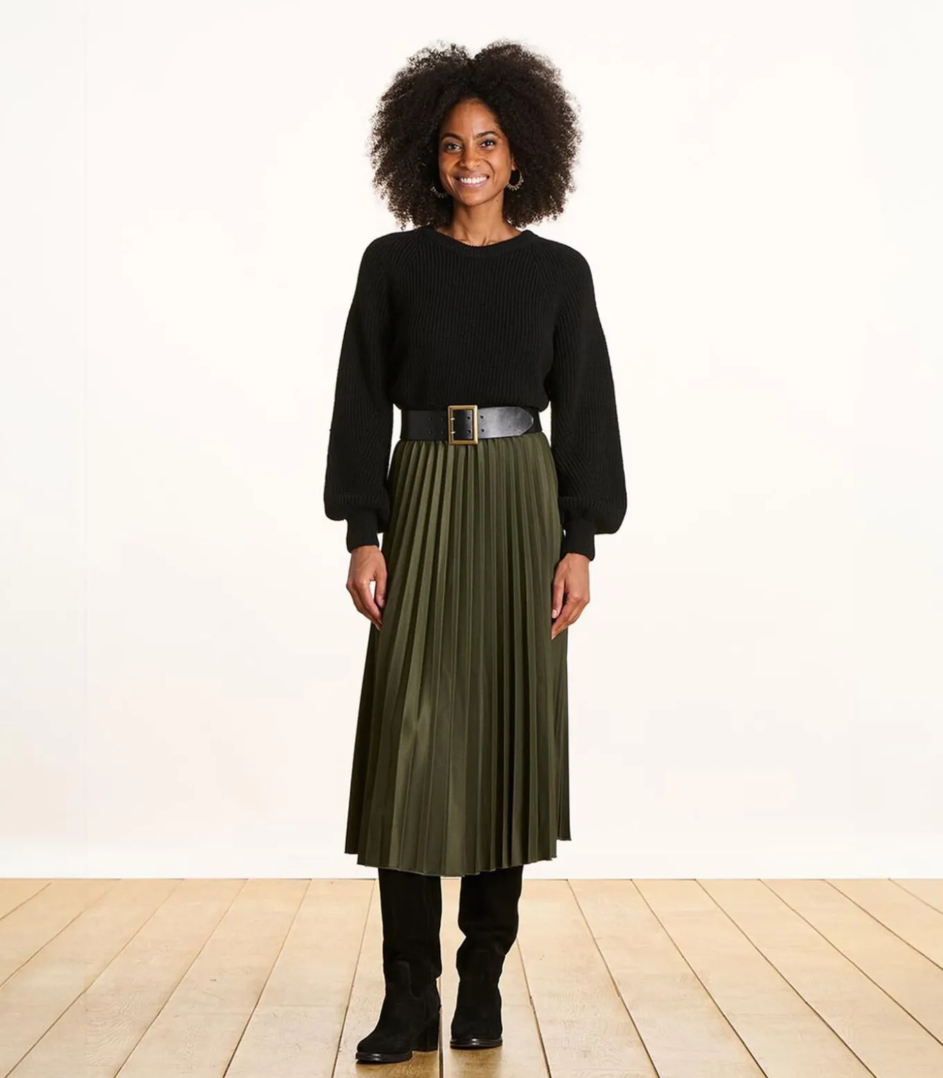 Halflange kaki plooirok van flanel