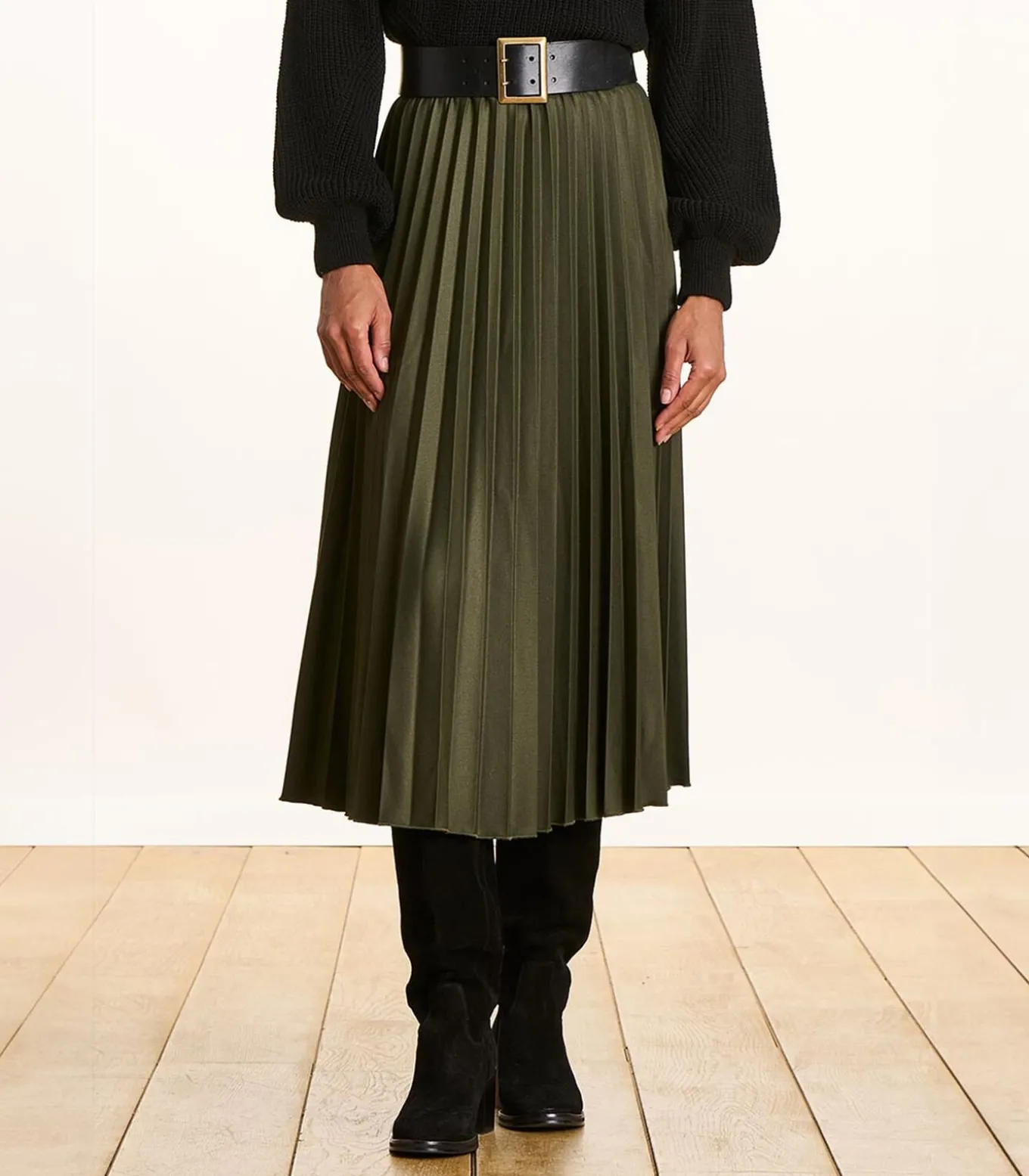 Halflange kaki plooirok van flanel