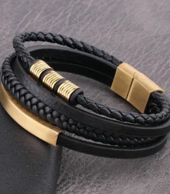 Heren Armband Leder - Zwart met Goud Kleurige Accenten