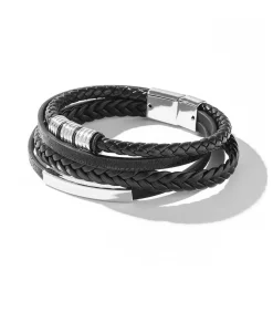 Heren Armband Leder - Zwart met Zilver Kleurige Accenten