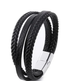 Heren Armband Leder met Dubbele Vlecht - Zwart met Zilver Kleurige Sluiting